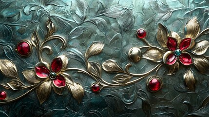 Poster - Decorative floral art features golden leaves and red jewels against a textured blue background