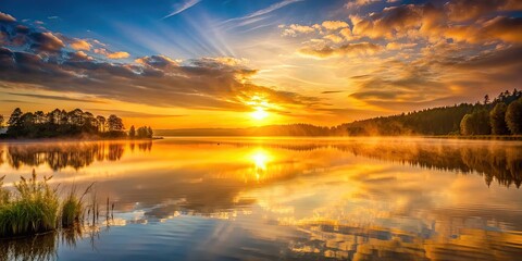 Poster - Sunrise casting a golden glow over a peaceful lake , sunrise, dawn, tranquil, lake, water, reflection, peaceful, serene, nature