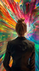 Sticker - Business girl in front of a dynamic color abstract.