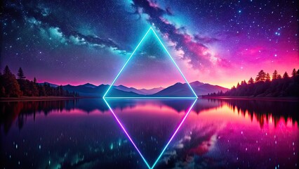 Wall Mural - Reflective lake under neon triangle with vibrant synthwave night sky, neon, reflection, lake, triangle, synthwave, night sky, vibrant