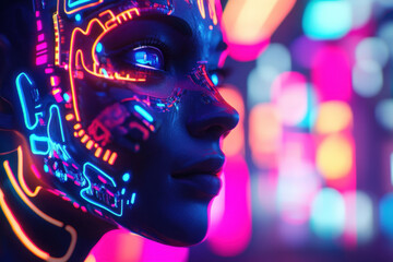 Woman with glowing neon futuristic makeup is posing in a futuristic city