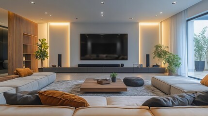 Sticker - elegant living room with expansive smart tv as focal point modern minimalist decor neutral tones and ambient lighting cozy seating arrangement facing the large screen