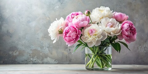 Poster - Bouquet of pink and white peonies in a clear glass vase, peonies, flowers, vase, bouquet, pink, white