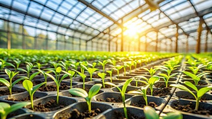 Wall Mural - Green seedlings growing in a sunlit greenhouse, nature, plants, gardening, green, seedlings, growth, young