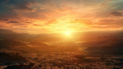 A dramatic desert landscape with a setting sun.