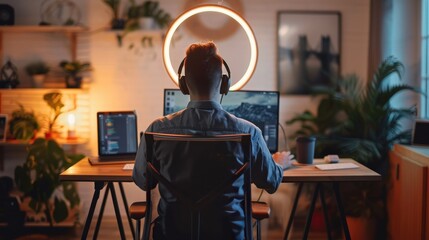 Poster - A remote worker is participating in an online meeting in a cozy home office illuminated by a ring light and surrounded by plants