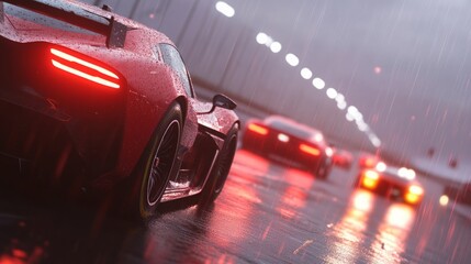 Poster - High-performance red sports cars speed down a rain-soaked track, illuminated by glowing taillights on a dusky evening.