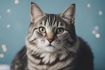 Wall Mural - light tabby cute pet lovely space cat blue gray background text adorable animal beautiful breed care carnivore companion copy creature domestic felino fluffy friends funny fur grey hair happy healthy