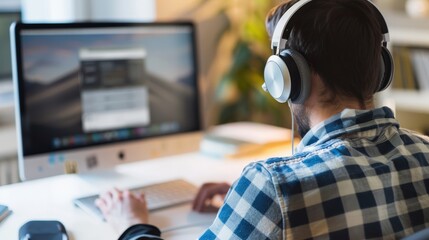 Poster - A person is focused on their work in a home office, wearing a wireless headset and typing on a computer