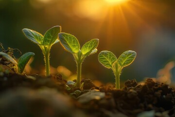 Wall Mural - timelapse sequence of seedling growth from sprout to young plant bathed in warm golden sunrise light