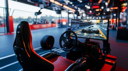 Aufkleber - A high-tech racing simulator features a steering wheel and monitor, displaying a racing game in a vibrant arcade setting during evening hours.