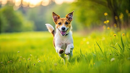 Sticker - Playful dog running in a green meadow, pet, animal, mammal, canine, playful, running, happy, energetic, outdoors, nature, grass