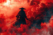 © Vovmar - A samurai or ninja stands on a mountain at night against a backdrop of red clouds of smoke. Generated by artificial intelligence