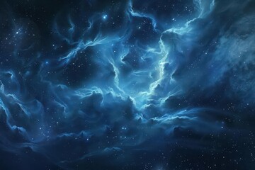 Wall Mural - vast cosmic landscape of swirling blue nebula distant stars sparkle against ethereal clouds digital rendering blends scientific accuracy with artistic beauty