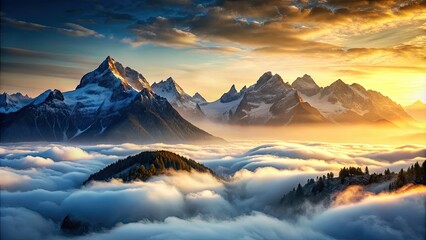 Poster - Majestic mountains shrouded in mist , fog, mist, clouds, atmospheric, serene, scenic, landscape, peaks, nature, wilderness