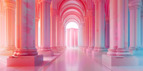 Poster - Pink and Blue 3D Hallway with Columns - Digital Art