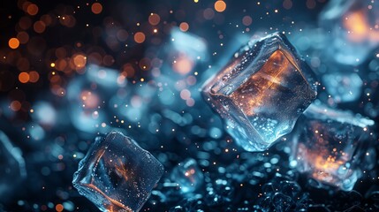 Poster - captivating close-up of glimmering ice cubes on a reflective surface at night