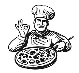 Sticker - Chef holding pizza. Restaurant Italian food emblem or logo. Hand drawn sketch engraving vector illustration