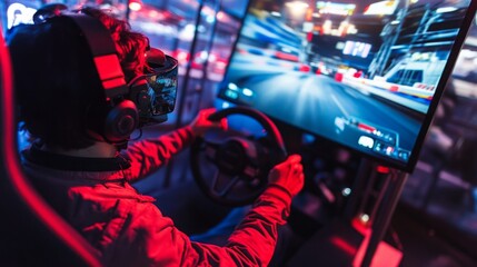 Aufkleber - A player engages in an immersive virtual reality racing experience, gripping the steering wheel while wearing a headset, with vibrant screens displaying a thrilling race.