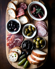 Wall Mural - A gourmet charcuterie platter featuring artisanal cured meats, pickles, olives, and rustic bread