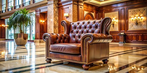 Canvas Print - Luxurious brown leather armchair in a grand lobby , luxury, elegant, comfortable, stylish, high-end, interior design