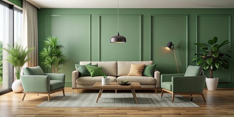 Poster - Minimalist living room with green accents, featuring sleek furniture and neutral color palette, minimalist