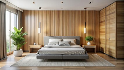 Wall Mural - Minimalist bedroom with wooden wall , minimalist, interior design, bedroom, wood, wall, modern, simple, sleek, cozy, decor