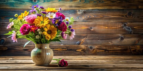 Poster - Vase filled with blooming flowers on a rustic wooden table, floral arrangement, colorful, vibrant, home decor, spring, beauty