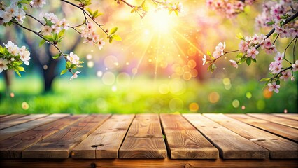 Wall Mural - Spring blossoms on wooden table in garden with bokeh lights and flare effect, Spring, blossoms, wooden table, garden