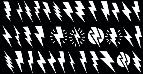 flash lightning bolt icons, striking designs, energy symbols, white lightning bolts on black backgro