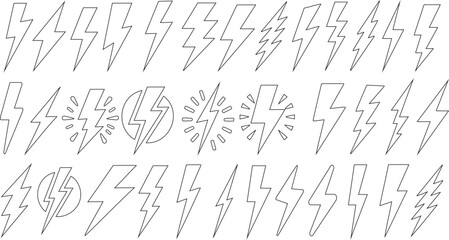 Wall Mural - Lightning bolt symbols, line art, vector, icon, flash, electricity, power, energy, logo, design, graphic, illustration, collection