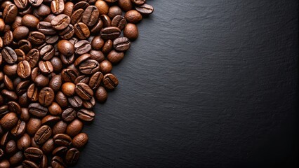 Sticker - Several black coffee beans on a black background, coffee, beans, caffeine, dark roast, aromatic, morning, beverage