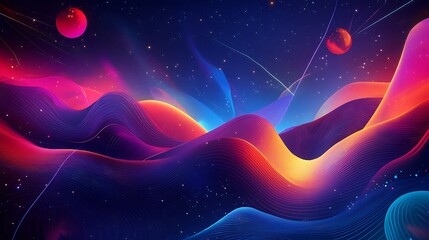 Wall Mural - Abstract Cosmic Landscape with Wavy Lines and Two Planets