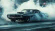 © Prostock-studio - A classic muscle car performs a powerful drift on the drag strip, leaving a cloud of smoke as the sun sets in the background.