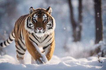 Poster - cold action scene snowflake beautiful danger tiger tajga animal winter altaica running siberian panthera snow tigris nature wild russia wildlife amur siberia wildcat white tigress teeth sun stripes