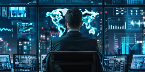 Poster - Cyber security specialist working, back view.