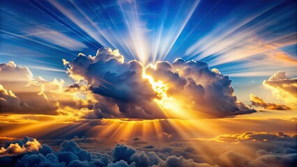 Wall Mural - Sun rays shining through billowing clouds in the sky, clouds, sky, sun rays, sunlight, nature, weather, atmosphere, fluffy