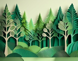 A stylized paper cut-out illustration of a forest with green trees and a grassy ground.