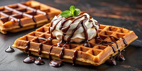 Canvas Print - Indulge in the tempting delight of chocolate-covered waffles with whipped cream and drizzled chocolate sauce, chocolate