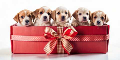 Poster - Adorable puppies sitting inside a festive present box , puppies, gift, surprise, box, Christmas, holiday, cute, fluffy, pets