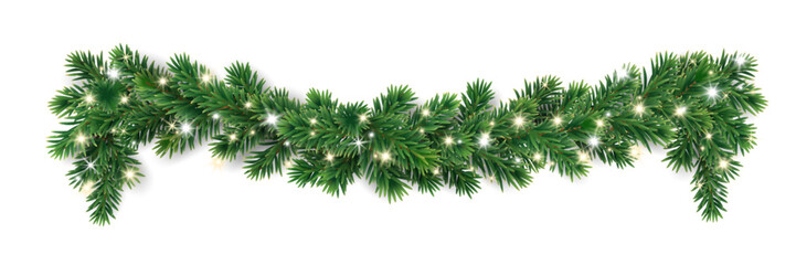 Wall Mural - Christmas tree garlands on transparent background. Realistic pine-tree branches with glowing sparkling Christmas lights decoration. Vector border for holiday banners, party posters, cards, headers.