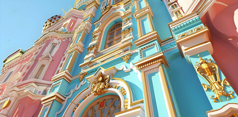 Sticker - Blue and Pink Church Facade 3D Illustration