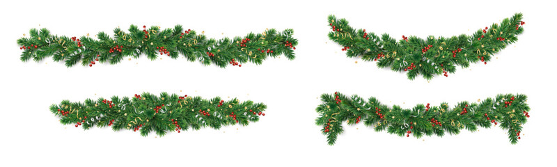 Wall Mural - Christmas tree garlands on transparent background. Realistic pine-tree branches with holly berry and ribbons decoration. Vector border for holiday banners, party posters, cards, headers.