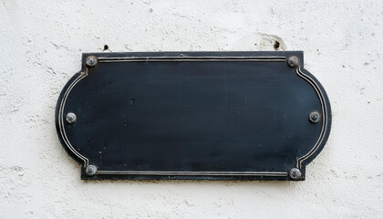 Wall Mural - Old empty black metal sign on white textured cement wall. Close-up. Mock-up.