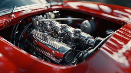 Aufkleber - A detailed view of a classic sports car engine showcases polished chrome components and vibrant red paint under bright daylight.