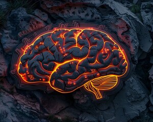 Poster - Neon Illuminated Brain with Intricate Neural Pathways Amid Dark Background  Highlighting the Complexity of the Mind and Cognition