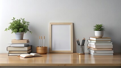 Poster - Minimalist desk with stacked frames and books, minimalist, desk, frames, books, workspace, stylish, home office