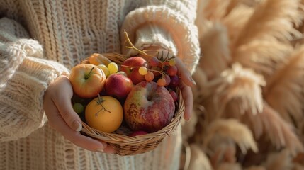 Wall Mural - A person holds in his hands a basket with autumn fruits