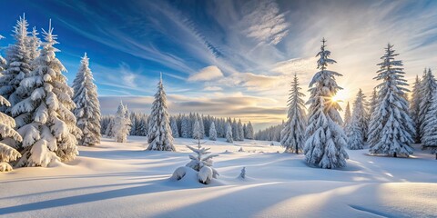 Sticker - Snowy landscape with trees covered in snow, winter, cold, frosty, icy, snowy, background, white, landscape, trees, nature, season