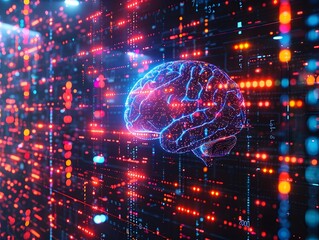 Poster - brain in a matrix like digital environment with flowing data streams and codes